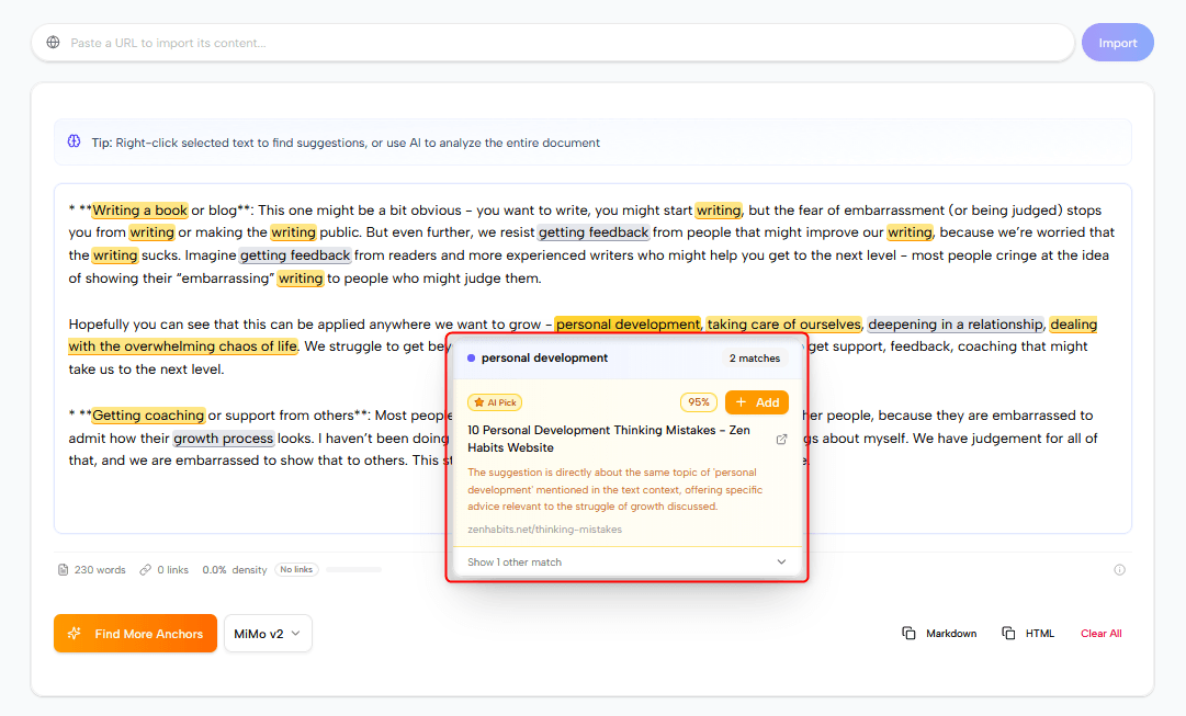Unveil SEO suggestions tab showing AI-powered internal link opportunities