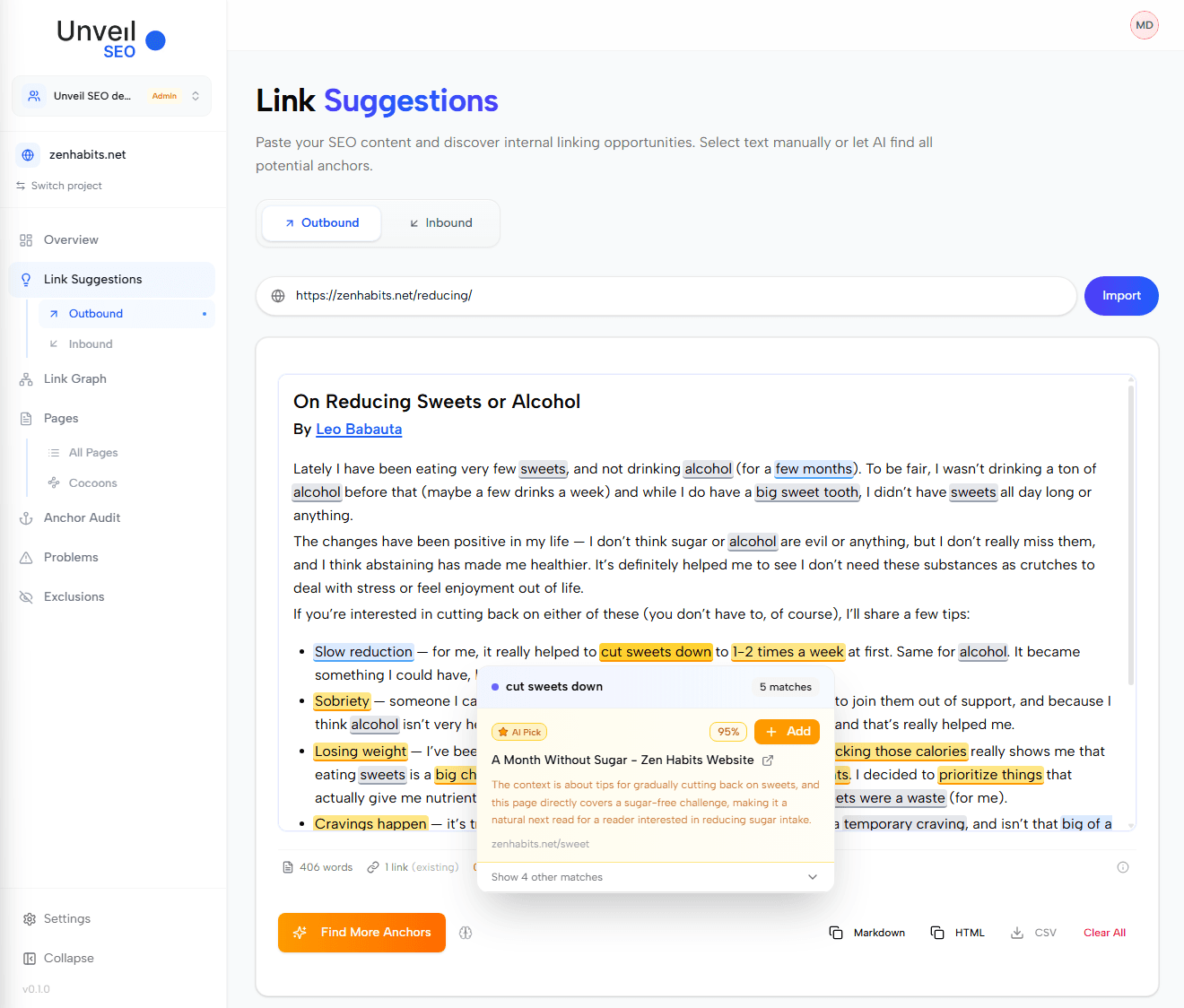 The Unveil SEO Outbound Link Suggestions editor analyzing a sample article, with color-coded anchor highlights and an open suggestion panel showing a 95% semantic match, the AI rationale, and the Add button.