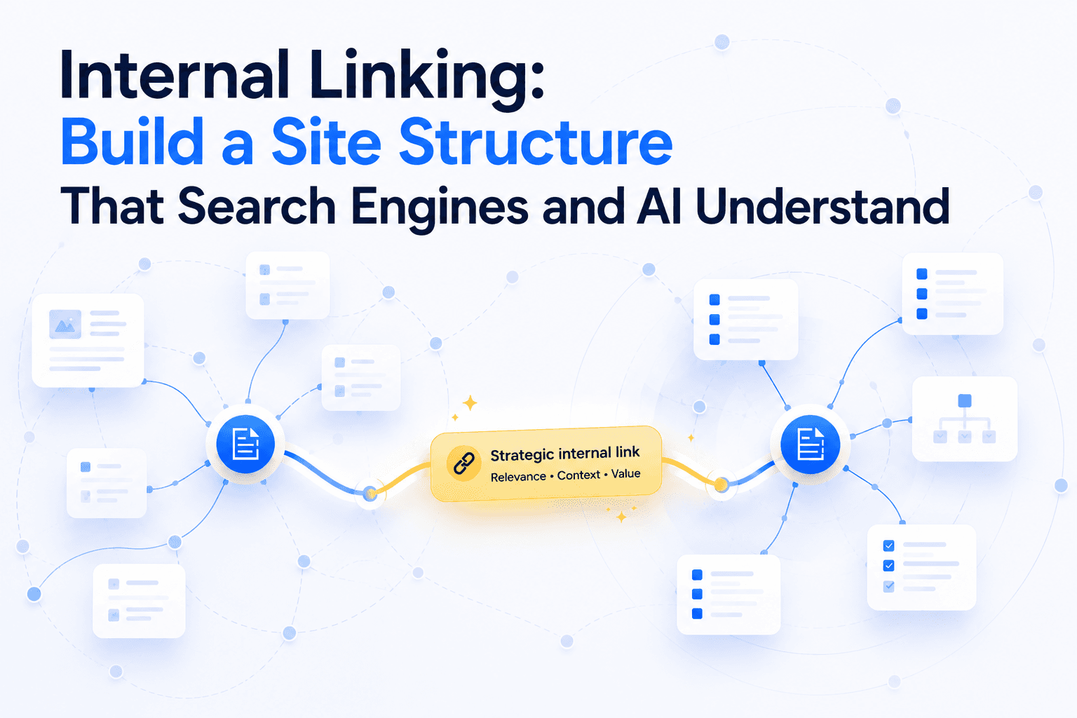Internal linking concept illustration: two central document icons connected by a glowing curved link, labeled "Strategic internal link — Relevance, Context, Value," each branching out to a network of smaller page and list icons across a light background.