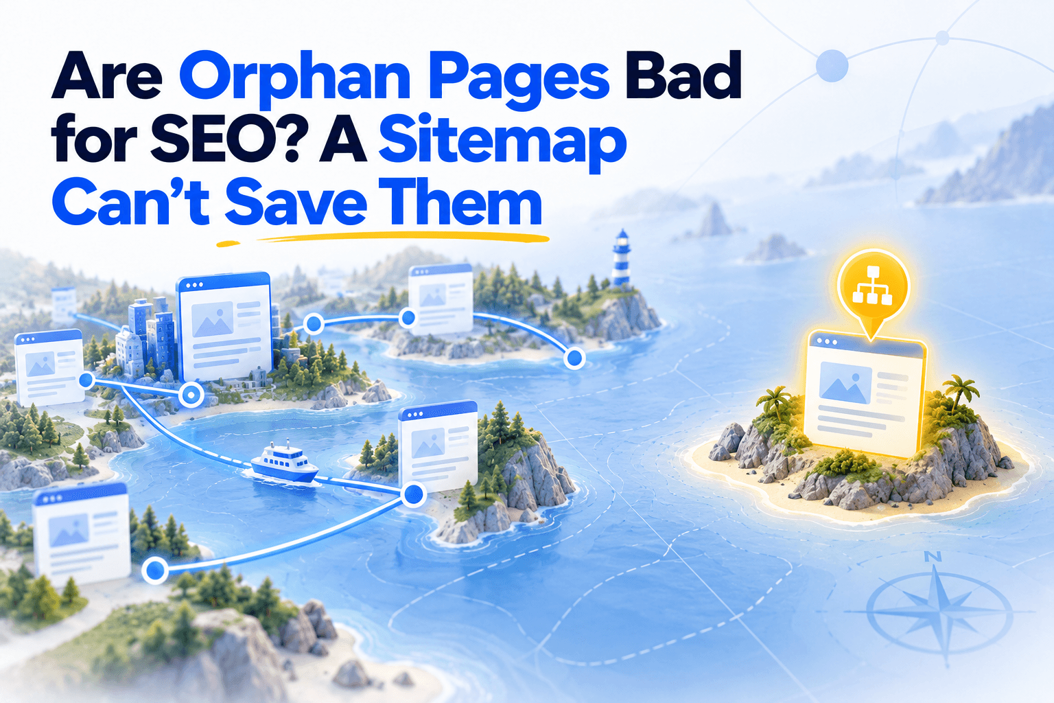 An island marked on a nautical chart with no ferry route reaching it, illustrating an orphan page listed in a sitemap but linked from nowhere