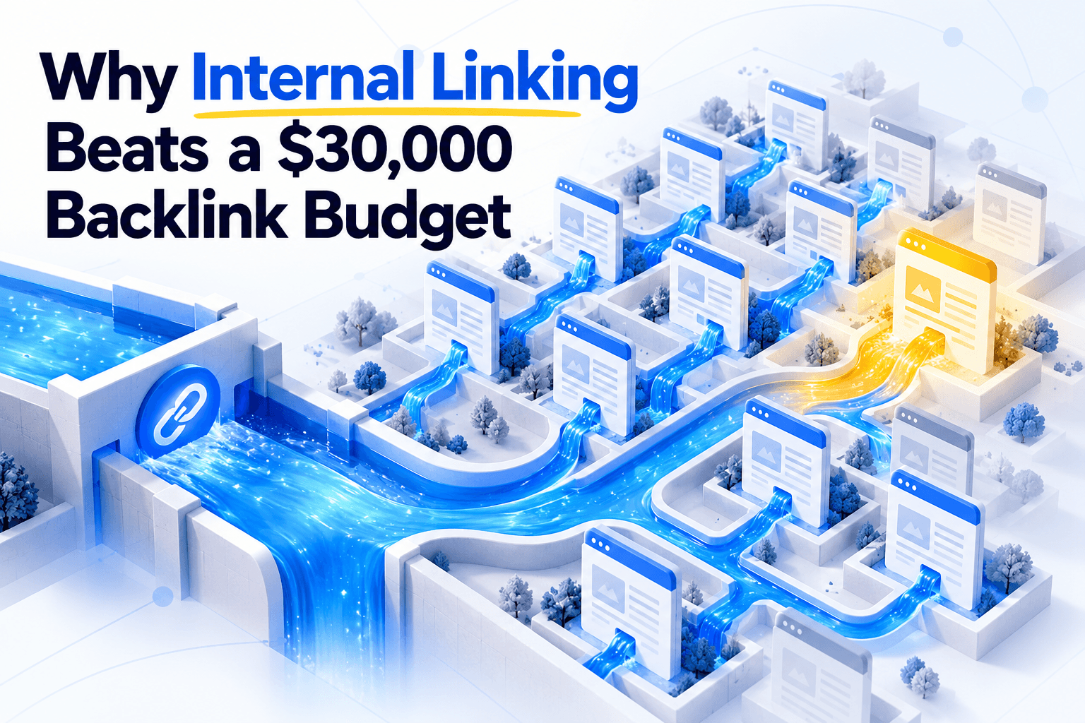 Irrigation channels branching from a single canal to every row of a field, illustrating internal links carrying the authority a site already earns to the pages that need it