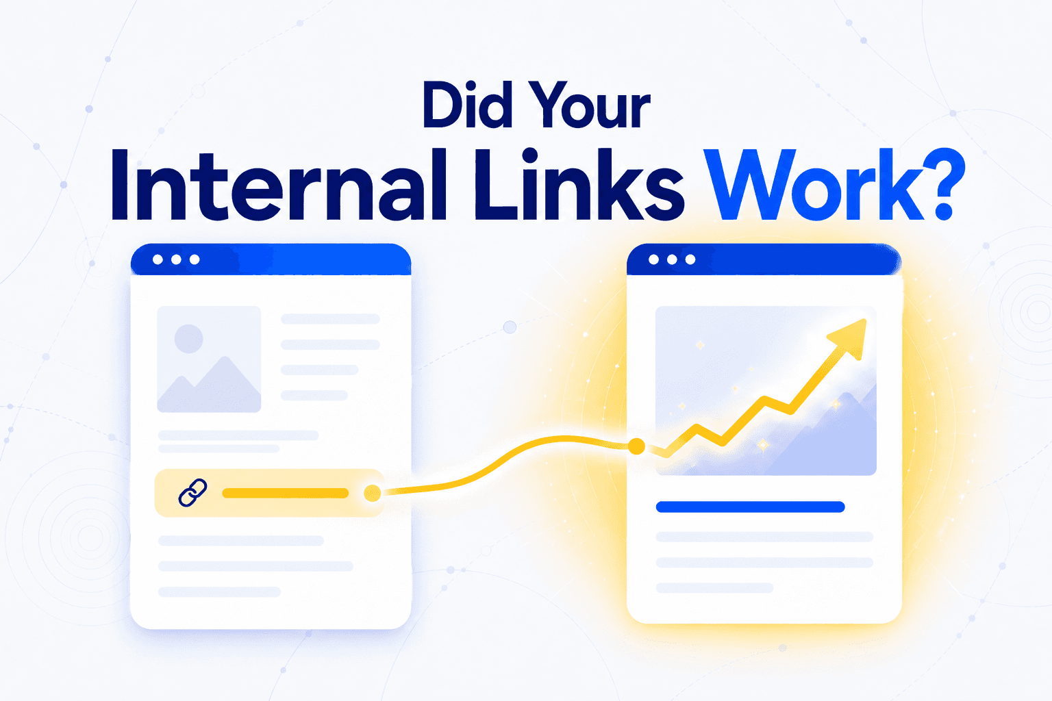 Illustration of an internal link connecting a source page to a target page, with the linked page showing an upward trending graph, representing improved performance after adding an internal link.