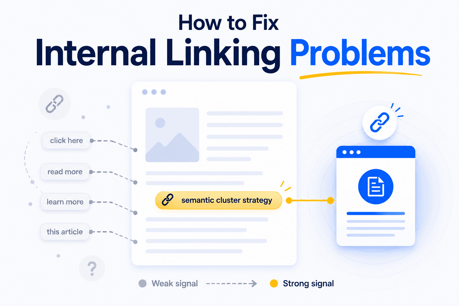 Illustration showing generic anchor text labels ("click here," "read more," "learn more," "this article") as weak signals compared to a descriptive anchor "semantic cluster strategy" as a strong signal, linking a mockup blog page to a target article page.