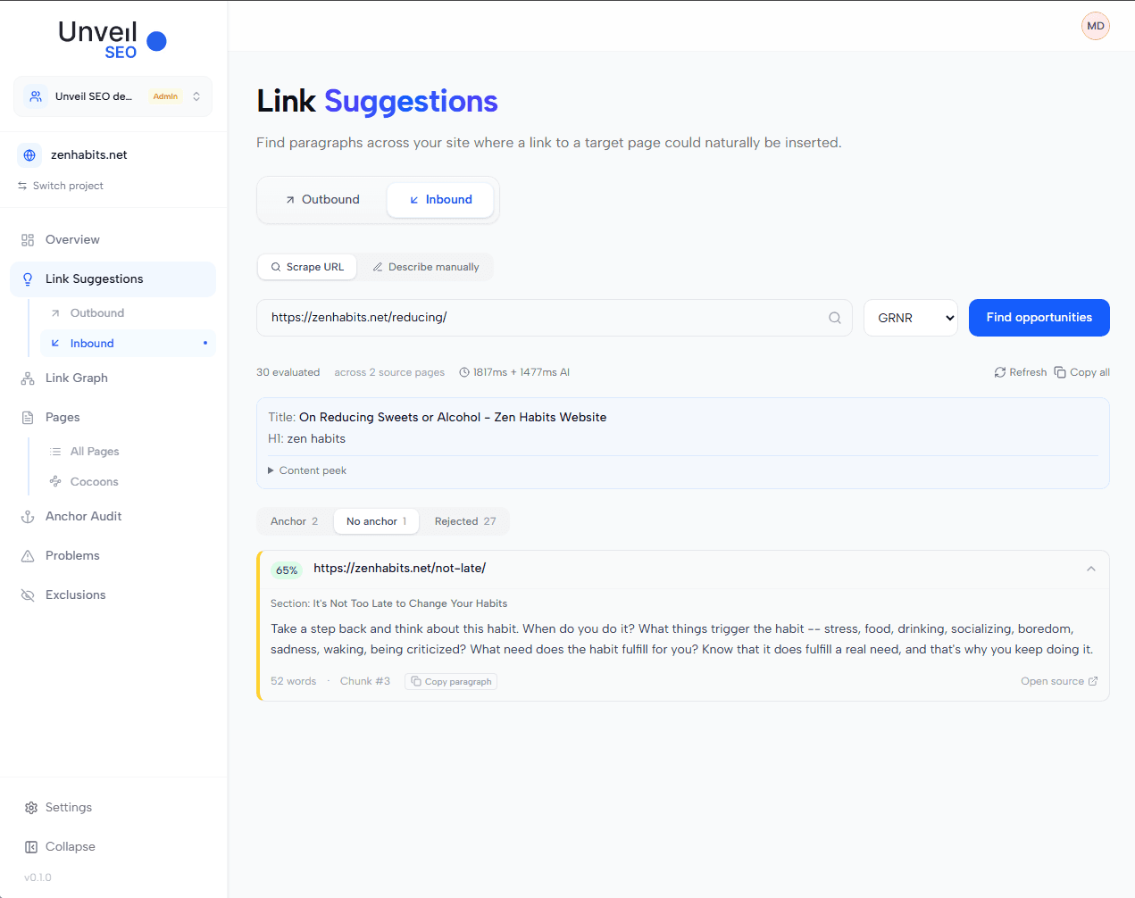 Inbound Link Suggestions toggle switched to the no-anchor view, list of semantically close paragraphs with the source page and the missing-anchor flag