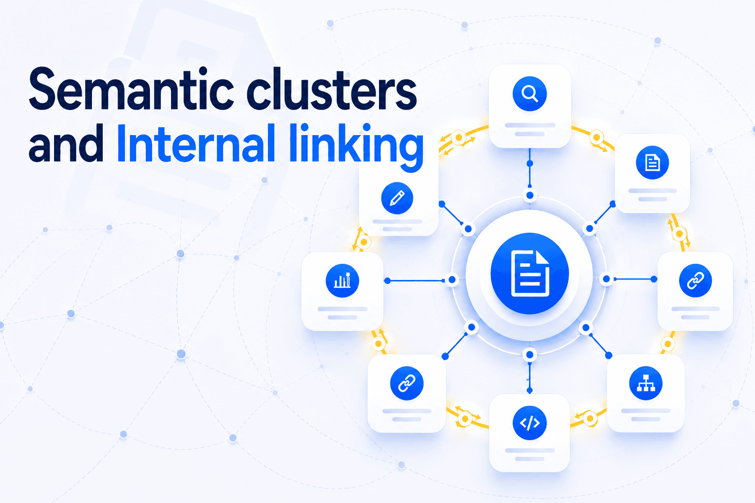 Diagram of a semantic cluster: a central document node connected by links to eight surrounding content pages, illustrating bidirectional internal linking around a pillar page.